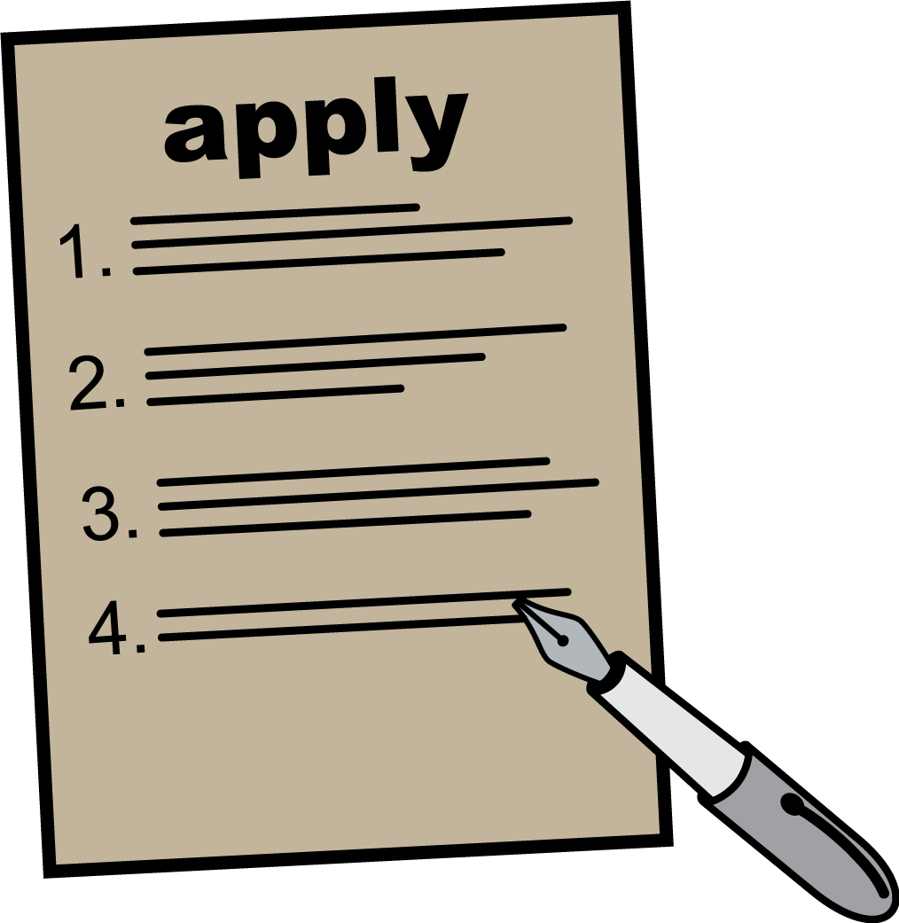Cartoon of a pen and a piece of paper with writing on it. It says 'apply'