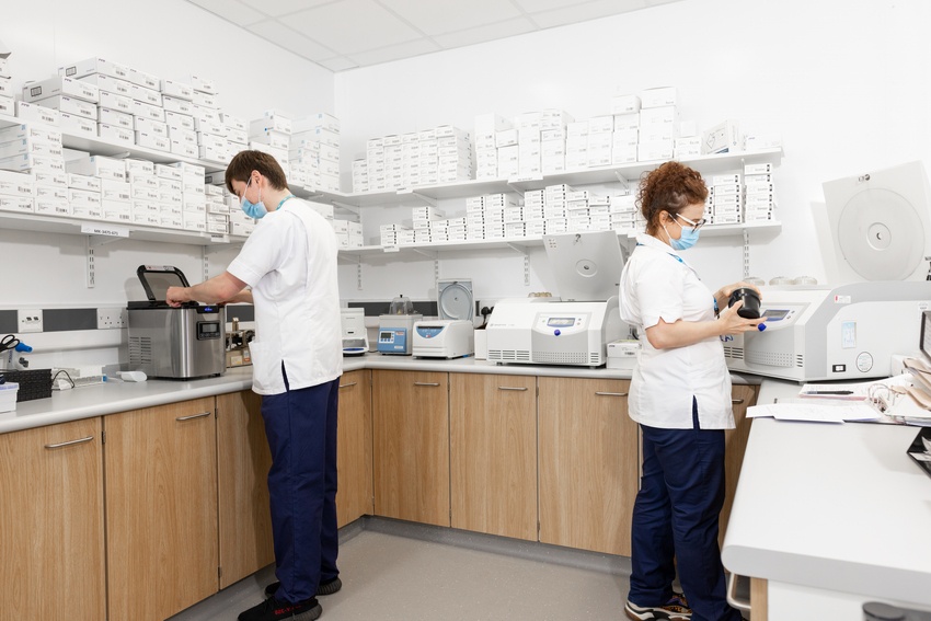 Two staff working in the biobank