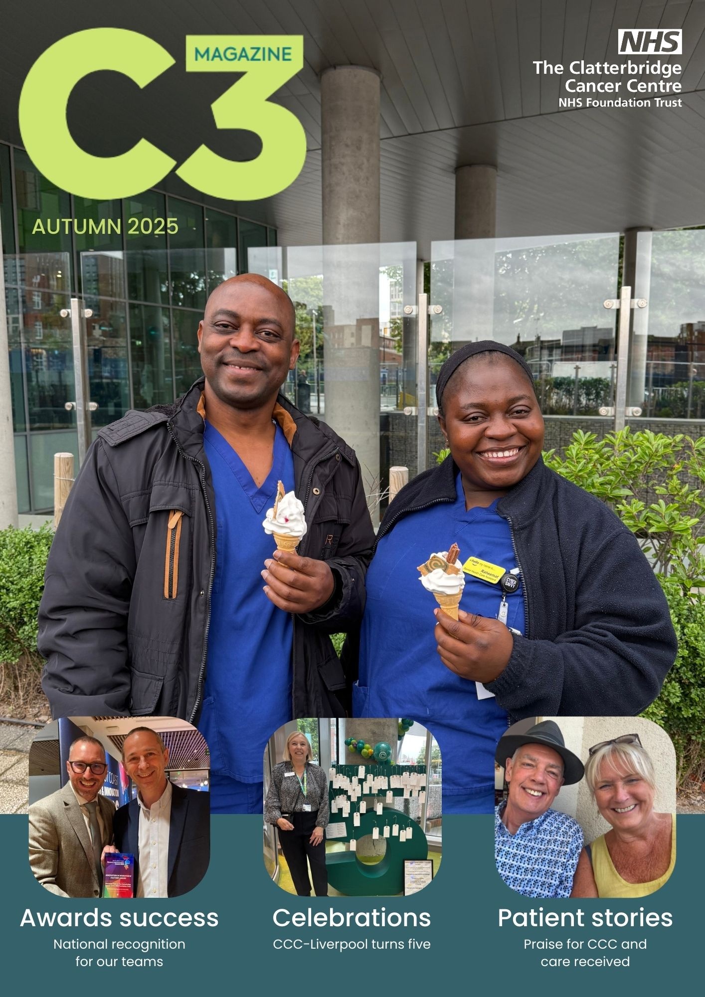 Two healthcare workers hold ice creams - they are the main image on the front of a magazine. The magazine is entitled C3. 