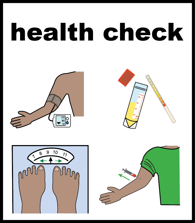 Cartoon showing someone having their blood pressure, weight and bloods checked