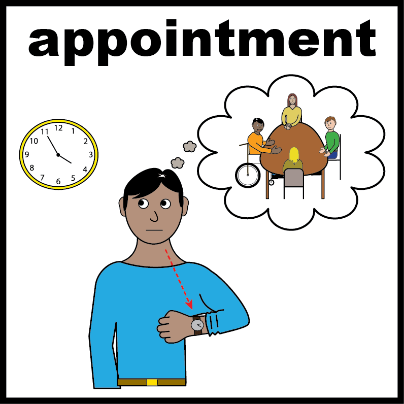 Cartoon of person with picture of clock and another picture of a group meeting. It says 'appointment'