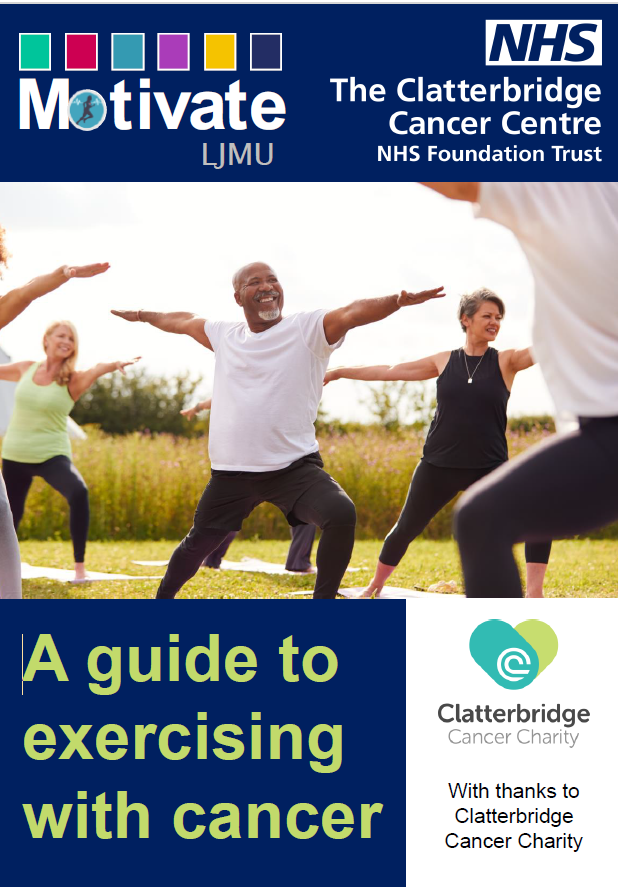 Cover of exercise guide booklet shows people in different exercise positions. They are smiling
