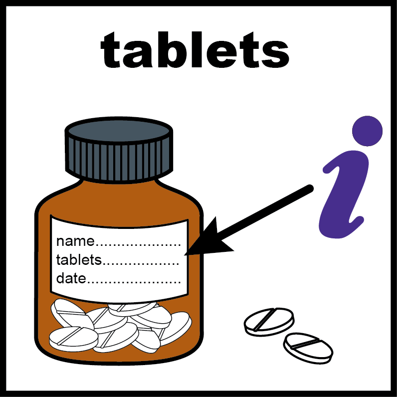 Cartoon image of bottle of tablets with information on the front to show where your name, medicine details and date will be 