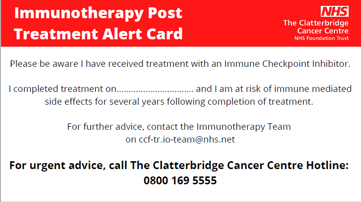 The card explains the person has completed treatment with an immune checkpoint inhibitor. There is space for them to put the date they completed treatment. It says for urgent advice they should call the Hotline on 0800 169 5555