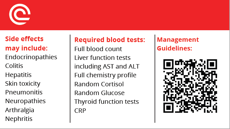 The other side of the card has information for health professionals about side-effects that people who have had immunotherapy can develop and what to do.