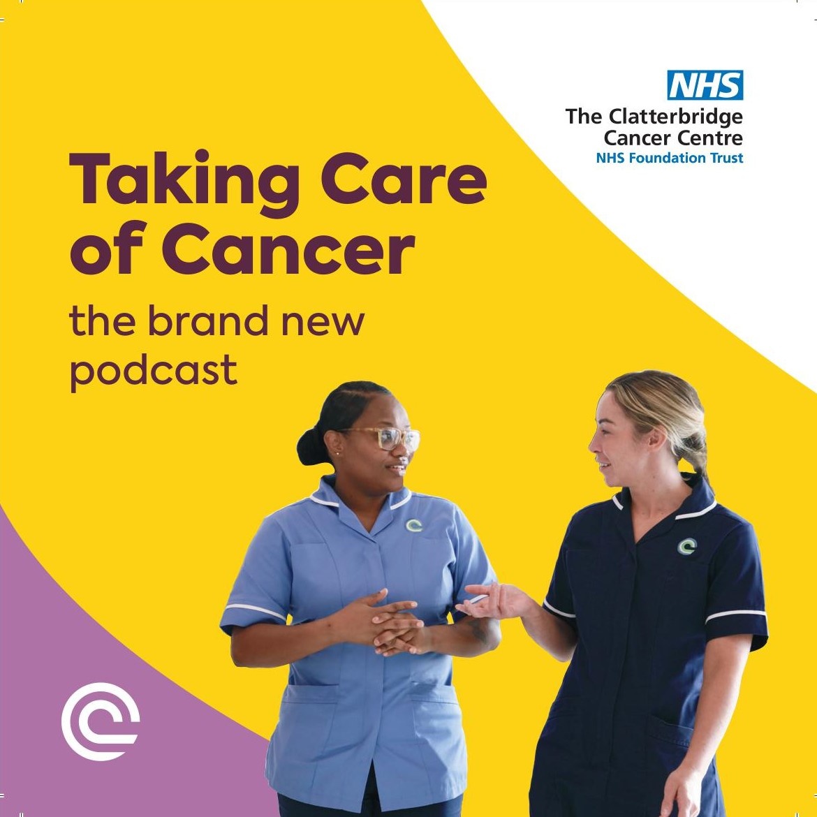 The logo for Take Care of Cancer Podcast - two nurses chat animatedly against a yellow background with the Trust's logos in each corner