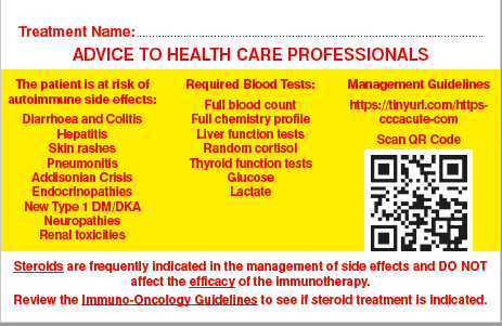 The other side of the alert card has advice for health professionals treating a patient on immunotherapy. It lets them know the person may be at risk of some side-effects and explains what to do.